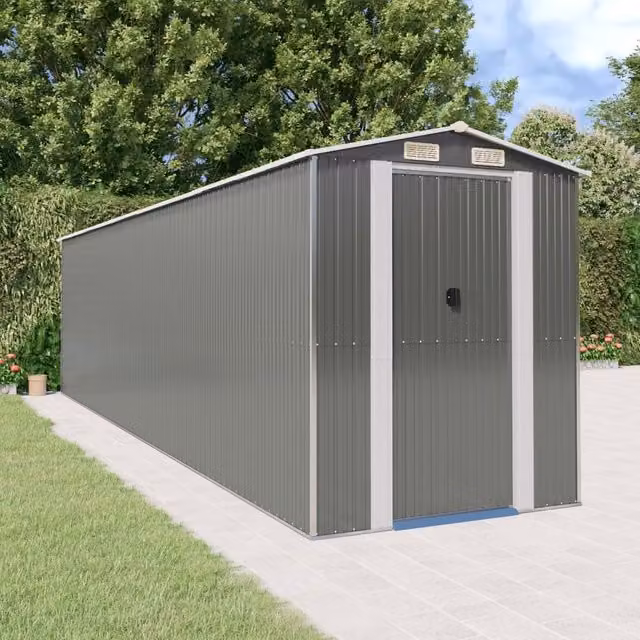 Berkfield Home Light Grey Galvanised Steel Garden Shed with Sliding Gable Doors W/D/H: 192 x 772 x 223 cm