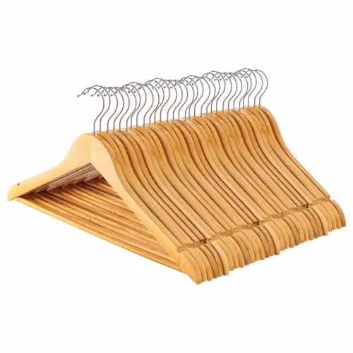 Harbour Housewares Natural Brown Wooden Coat Hangers with Swivel Hook and Trouser Bar, Pack of 30 – 1