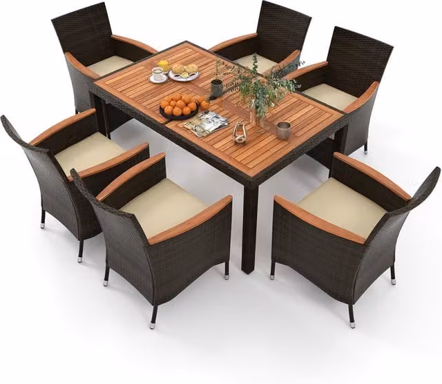 COSTWAY 7 Piece Modern Brown Acacia Wood and Rattan Patio Dining Set