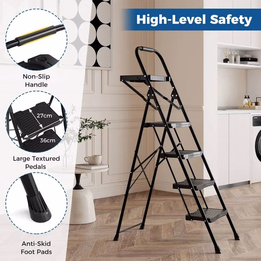 VOGREX 4 Step Metal Step Ladder with Tool Tray and Rubber Feet, Black – 5