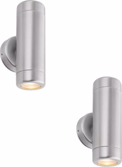 Loops 2 Pack Up & Down Twin Outdoor Wall Lights in Silver Stainless Steel with Transparent Glass and GU10 LED Bulbs