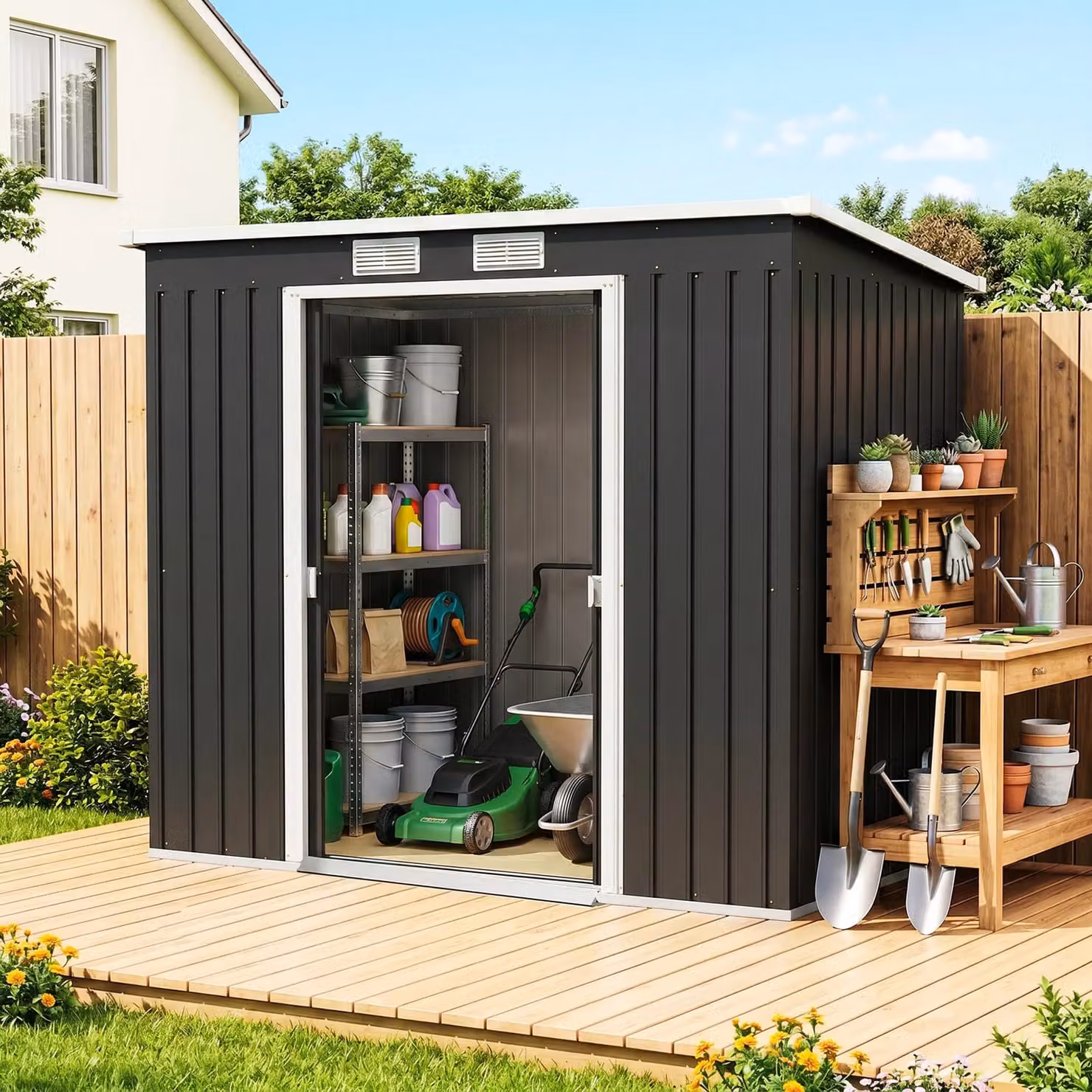 Outsunny Metal Lean-to Garden Storage Shed with Double Door and Foundation Kit, Grey, W/D/H: 213.4 x 121.9 x 173 cm – 8
