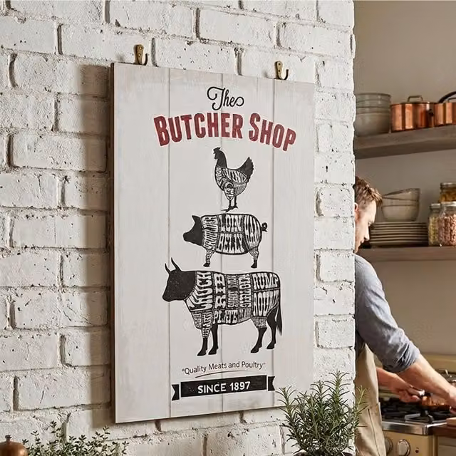 Orsina Butcher Shop Classic Wall Plaque in Grey and White Canvas with Wood Frame