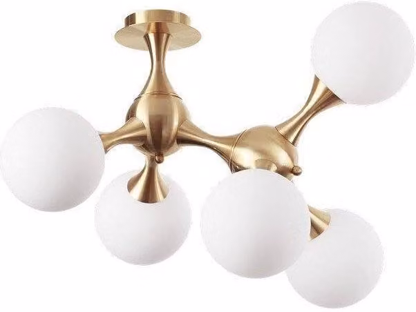 Netlighting Nodi Multi Arm Indoor Ceiling Lamp with 5 Adjustable Yellow and White Glass Spheres in Brass Satin with E14 Base