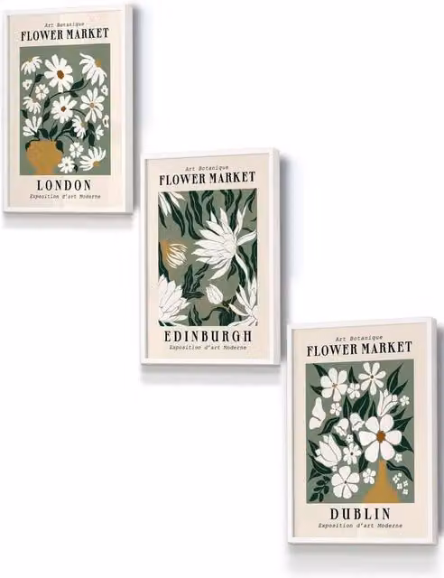 ARTZE Green Flower Market London Edinburgh Dublin Framed Wall Art, White Floral Illustration, W: 33 cm, H: 45 cm, D: 0.2 cm
