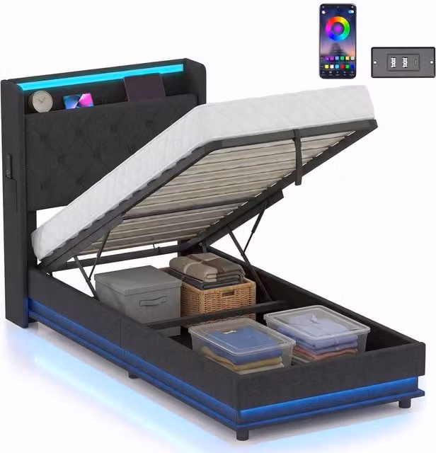 FORGEVIO Lift Up Storage Bed Frame with RGB LED Under-Bed Lighting in Dark Grey Fabric, 90 x 190 cm
