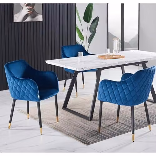 Life Interiors Verona Velvet Upholstered Dining Chair with Armrests in Blue and Black Legs with Gold Accents – 7