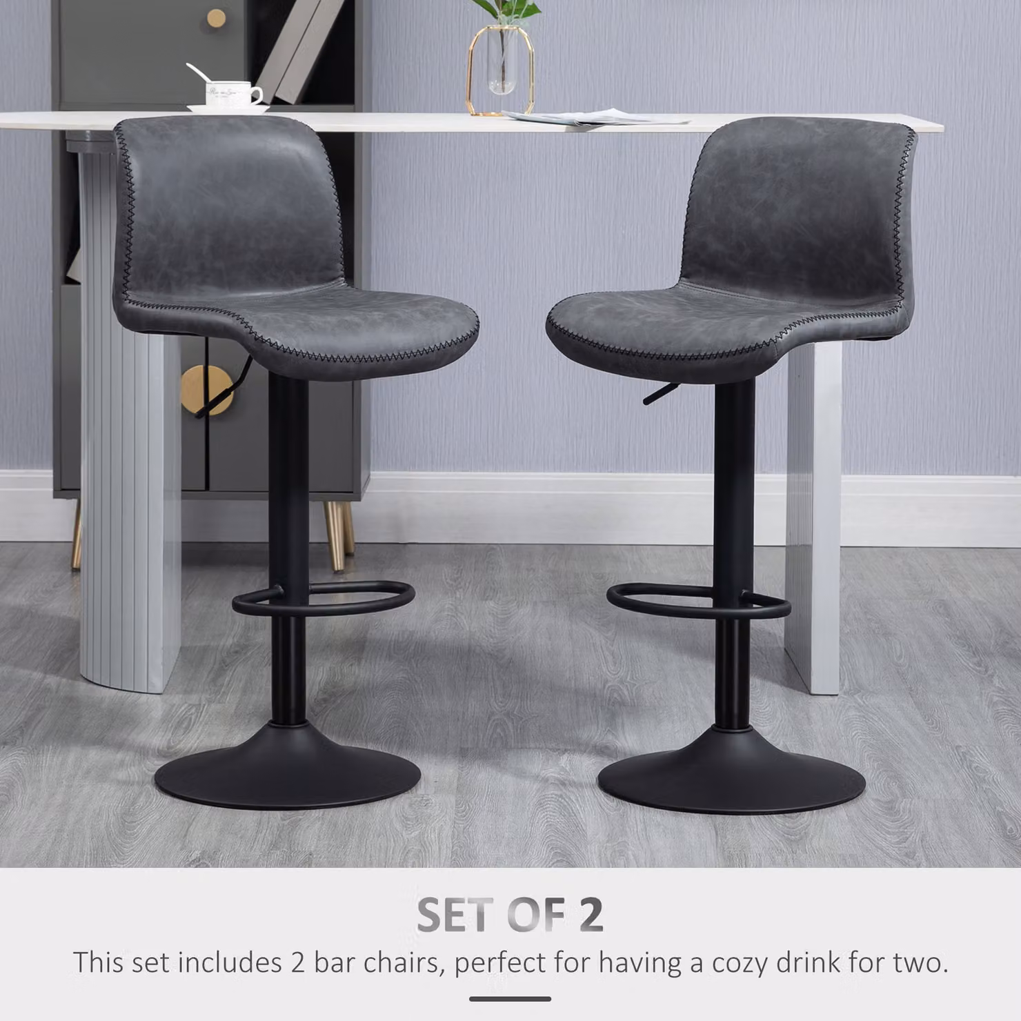 HOMCOM Set of 2 Adjustable Height Swivel Bar Chairs in Dark Grey Synthetic Leather with Metal Base – 4