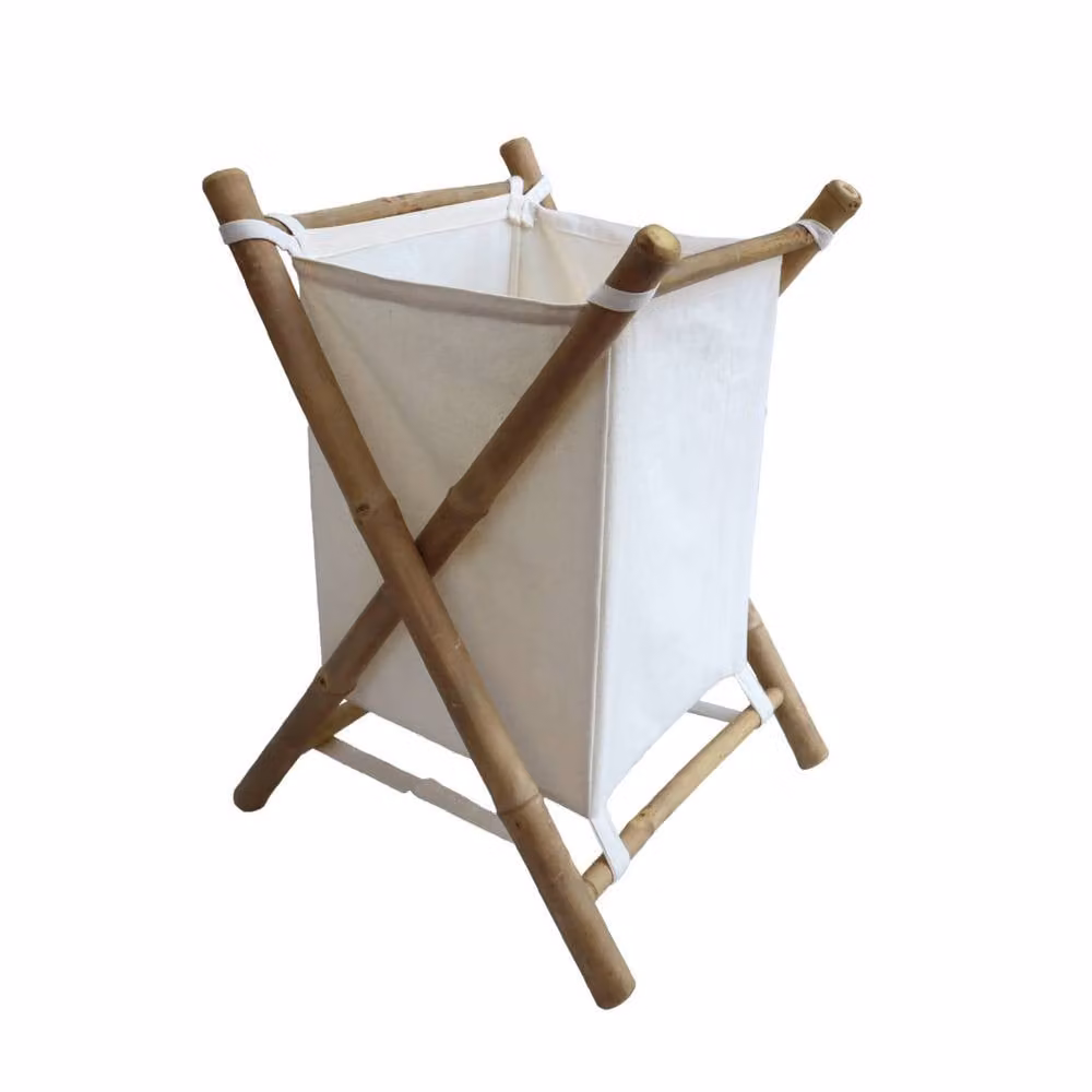 Sweek Foldable Bamboo and Fabric Laundry Basket in Brown and White, W/D/H: 39.5 x 41.0 x 60.0 cm – 2