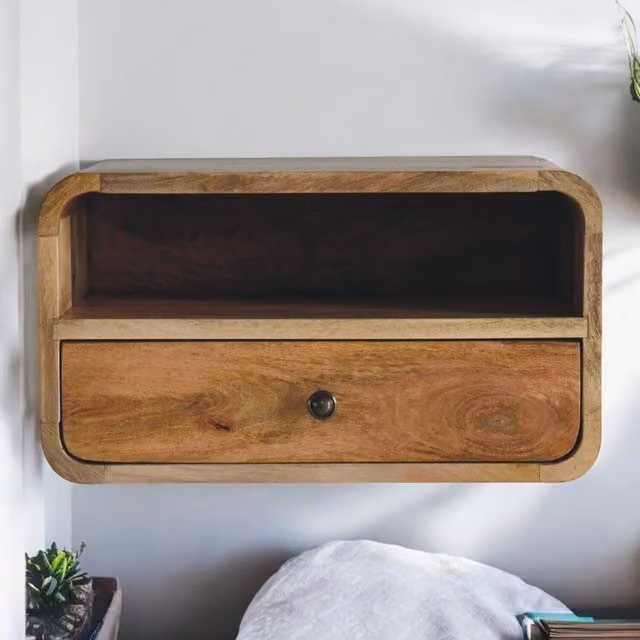 Artisan Furniture Mango Wood Large Curve Upper Slot Floating Bedside Table in Brown