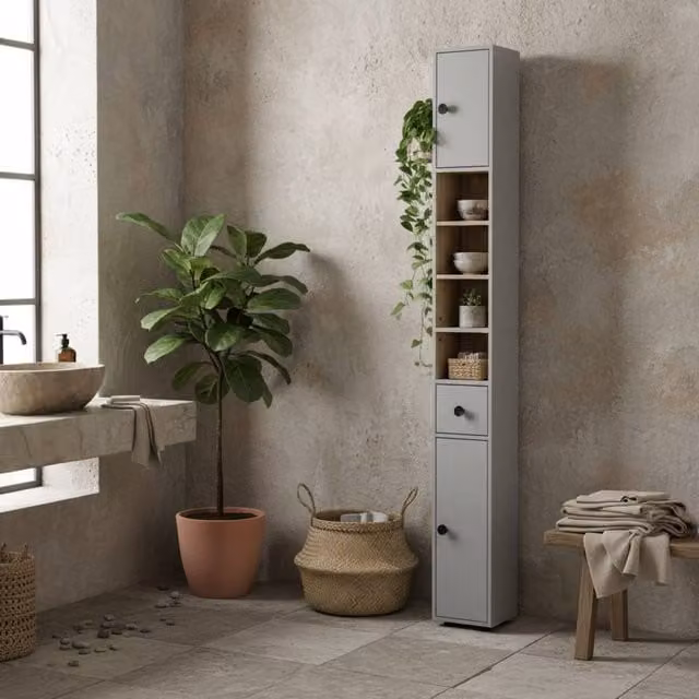 Wyld Haus Tasere Tall Slim Bathroom Storage Cabinet in Grey