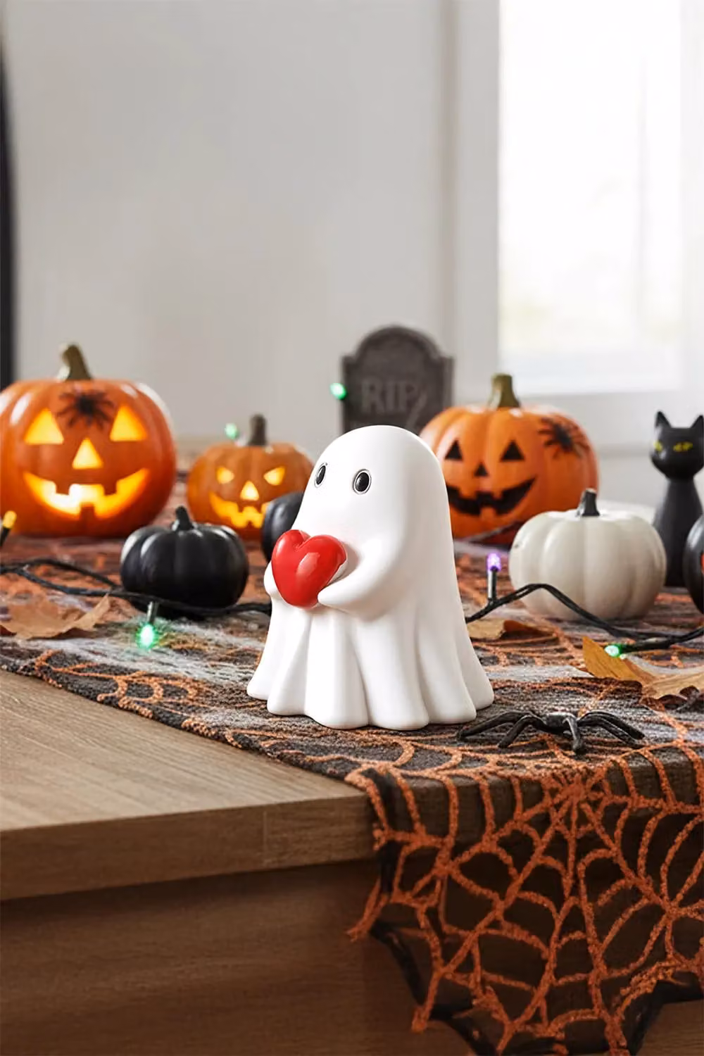 Living and Home Mini Halloween Ghost Figurine Holding Red Heart, White Resin Ornament for Tabletop and Shelves – 2