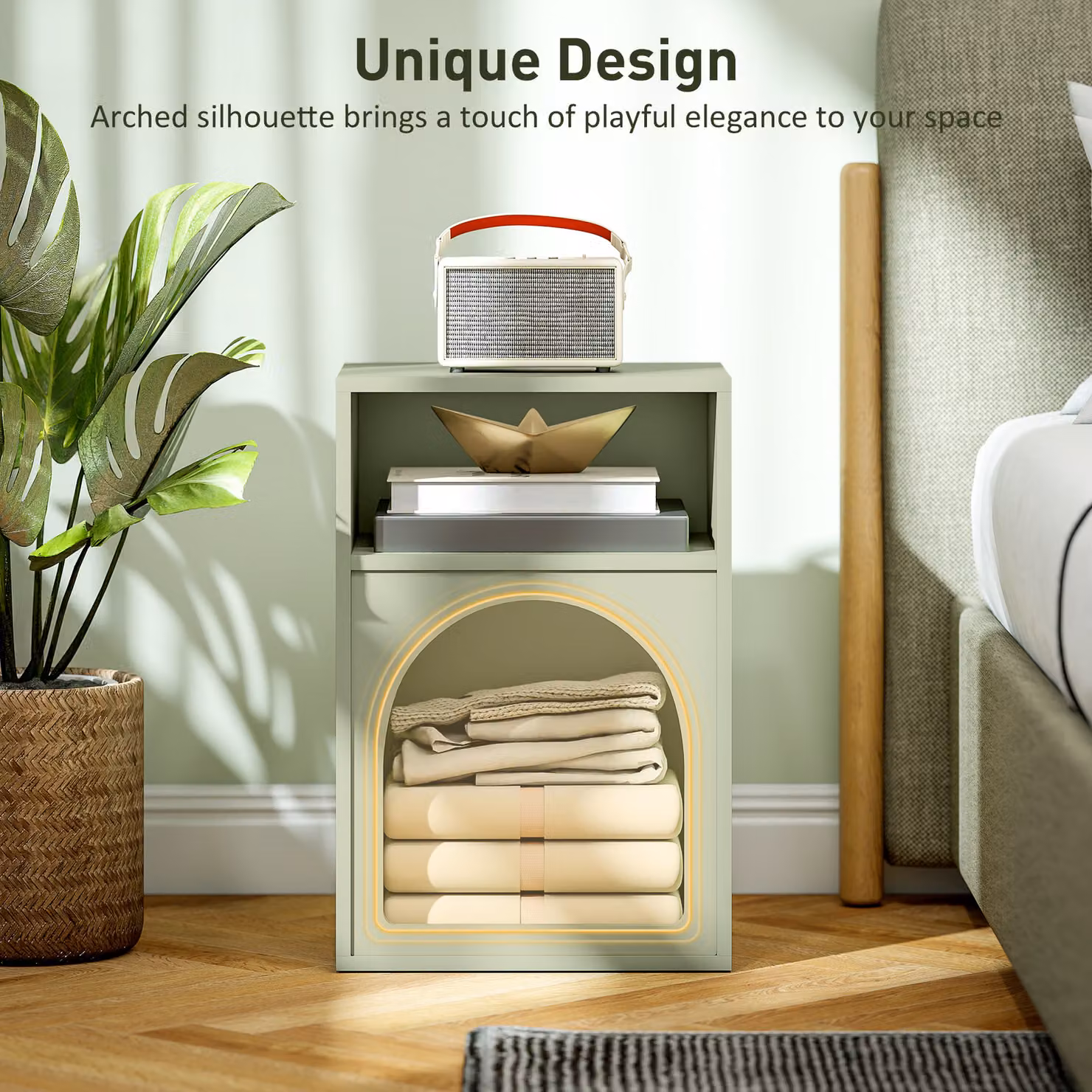 HOMCOM Modern Bedside Table with 2 Open Compartments and Integrated Lighting in Green – 3