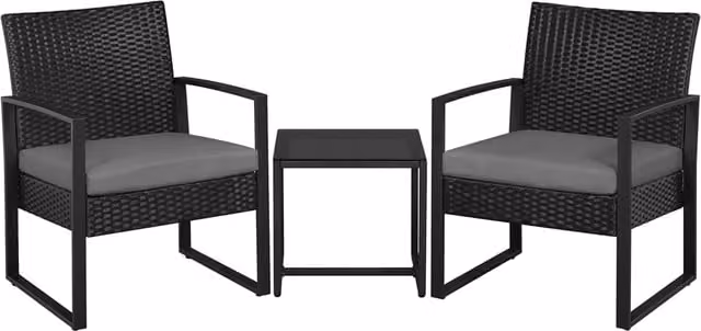 Yaheetech 3 Piece Modern Rattan and Metal Patio Bistro Furniture Set with Glass Top in Black and Grey