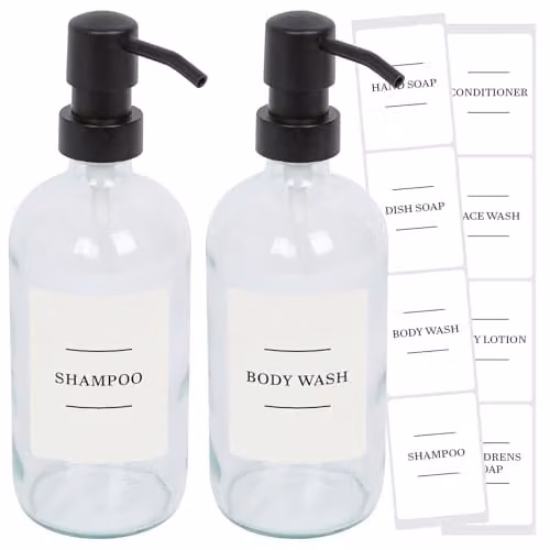 Harbour Housewares Pack of 2 Refillable Glass Soap Dispensers with Black Pumps and White Labels, 500ml, Transparent – 1