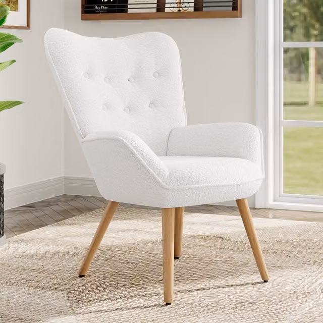 Livingandhome White Bouclé Tub Lounge Chair with Armrests and Wooden Legs