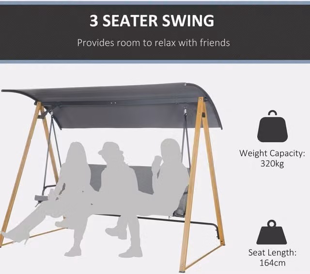 Outsunny 3 Seater Swing Chair Bench with Adjustable Canopy and Cushions, Dark Grey