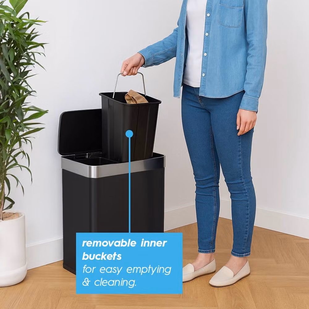 Harbour Housewares 60L Double Kitchen Pedal Bin in Black Stainless Steel (2 x 30L) with Soft Close and Removable Inner Buckets – 4