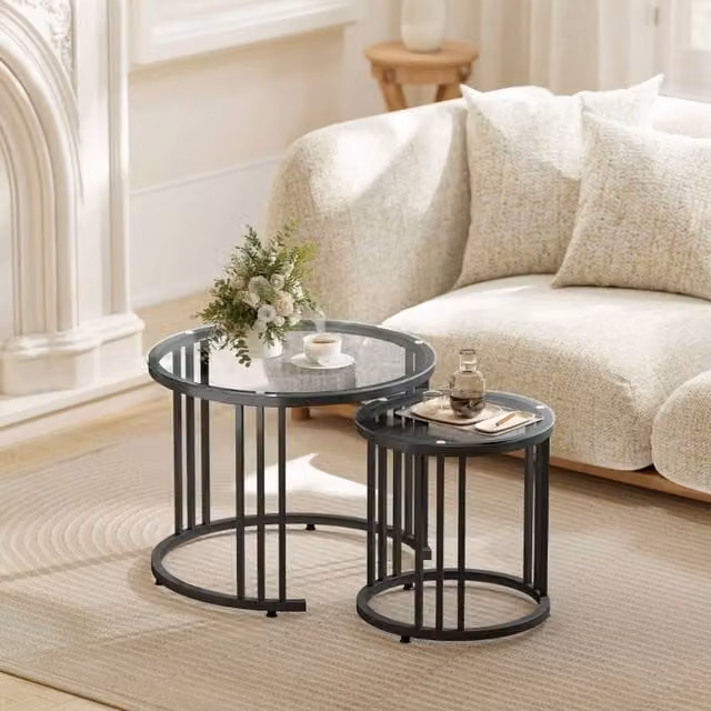 STILVORA Set of 2 Round Nesting Coffee Tables with Black Glass Tops