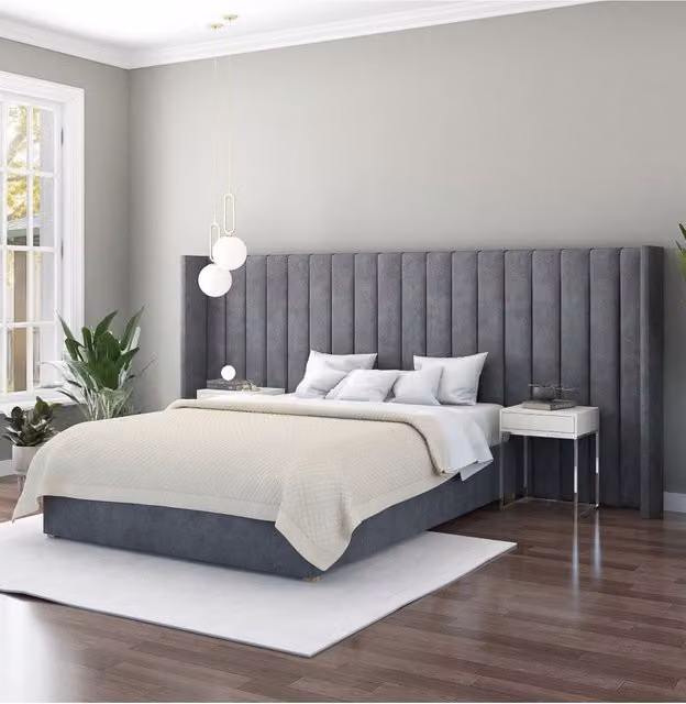 Aspire Grandeur Upholstered Velvet Headboard in Navy Blue and Grey – 1