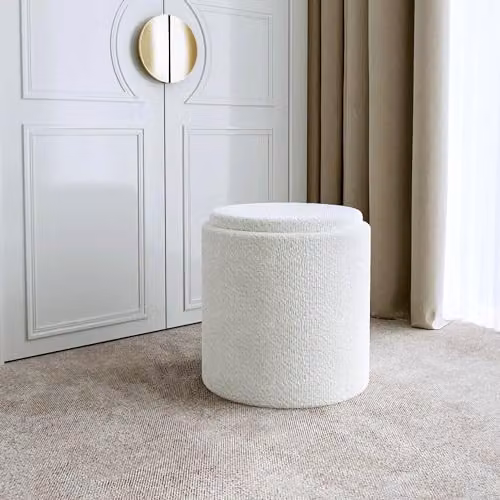 FABS Hailey Ivory Bouclé Round Ottoman, White Upholstered Pouffe, W/D/H: 39 x 39 x 40 cm – 1