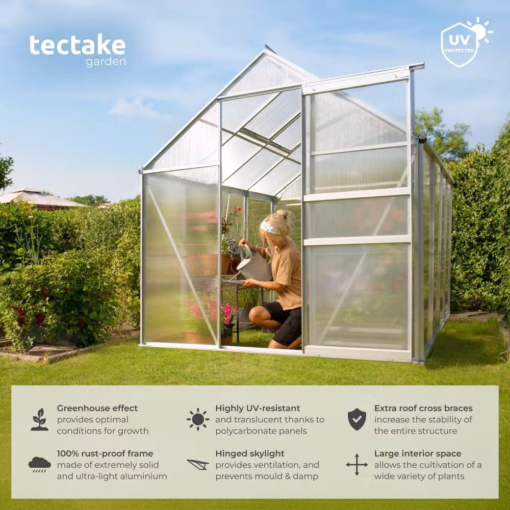 tectake Aluminium Greenhouse with Transparent Polycarbonate Panels and Sliding Windows, W/D/H: 185 x 250 x 195 cm – 2