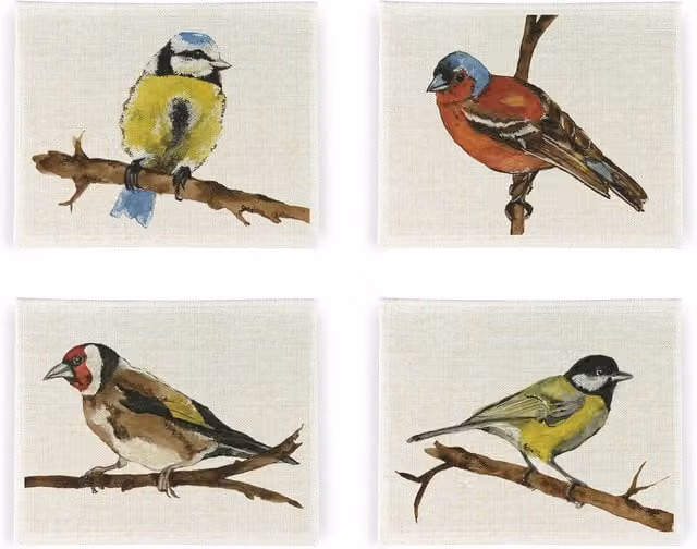 Purely Home British Birds Floral Linen Placemats, Set of 4, White and Multicolour, Square