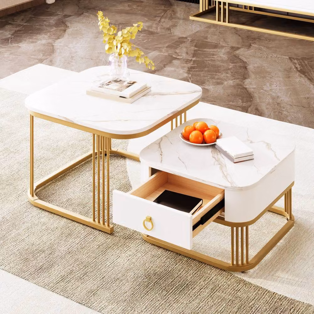 ModernLuxe Nestable Coffee Table Set of 2 with Drawer in White and Gold – 2