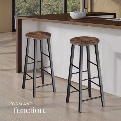 tectake Set of 2 Modern Minimalist Bar Stools with Industrial Steel Frames and Wood-Look Seats in Brown – 2