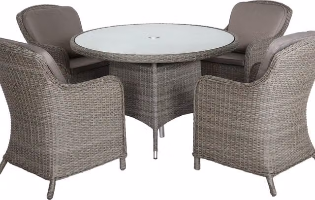 Royalcraft Paris 4 Seater Round Imperial Dining Set in Grey Polyrattan with Glass Table and Weather Resistant Cushions