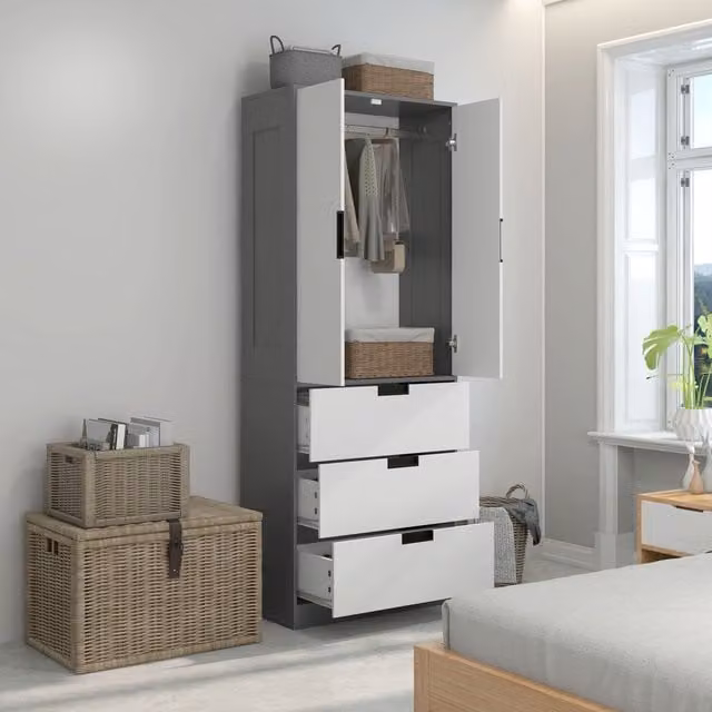 HOMCOM Modern 2 Door Wardrobe with Internal Drawers and Hanging Rod in Grey, White and Black