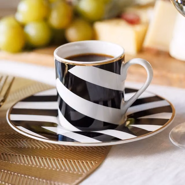 Mikasa Bone China Striped Espresso Cup and Saucer Set, 100ml, Black, White and Gold, Set of 2