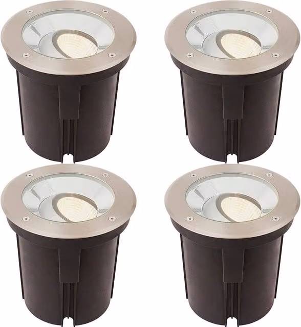 Loops 4 Pack Silver Stainless Steel IP67 Ground Recessed LED Garden Lights with Adjustable Tilting Heads and Warm White Light