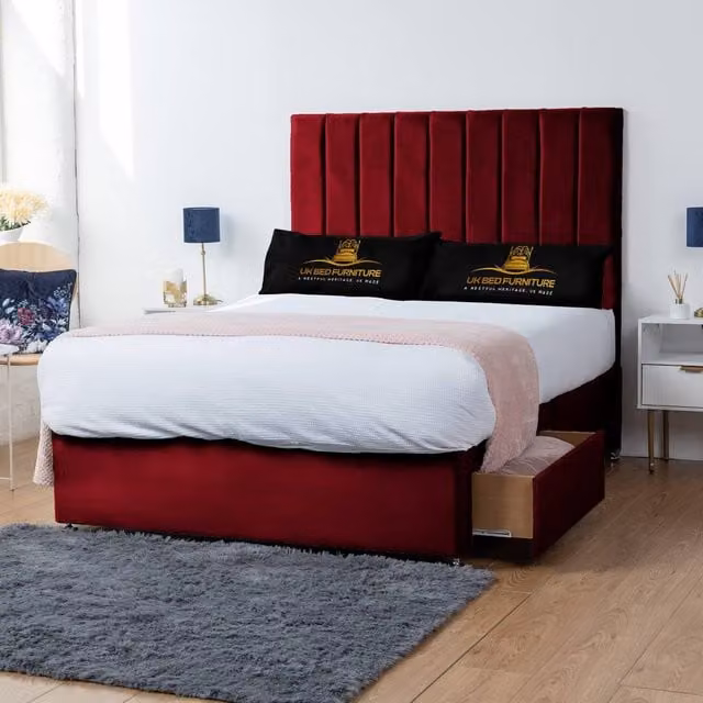 UK Bed Furniture Ashford Double Divan Bed with 2 Drawers and 26 Inch Headboard in Red Velvet