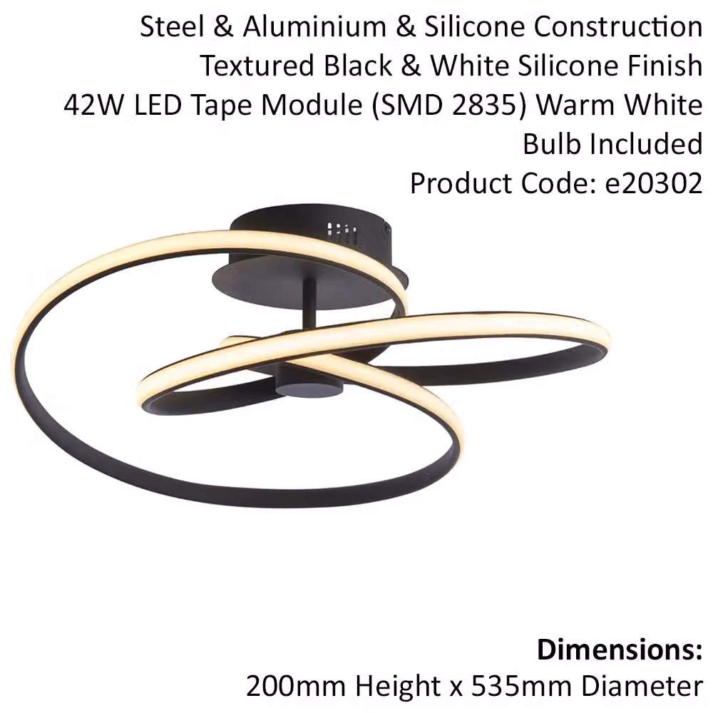 Loops Semi Flush Ceiling Light Fitting in Black and White with Warm White LED Tape – 2