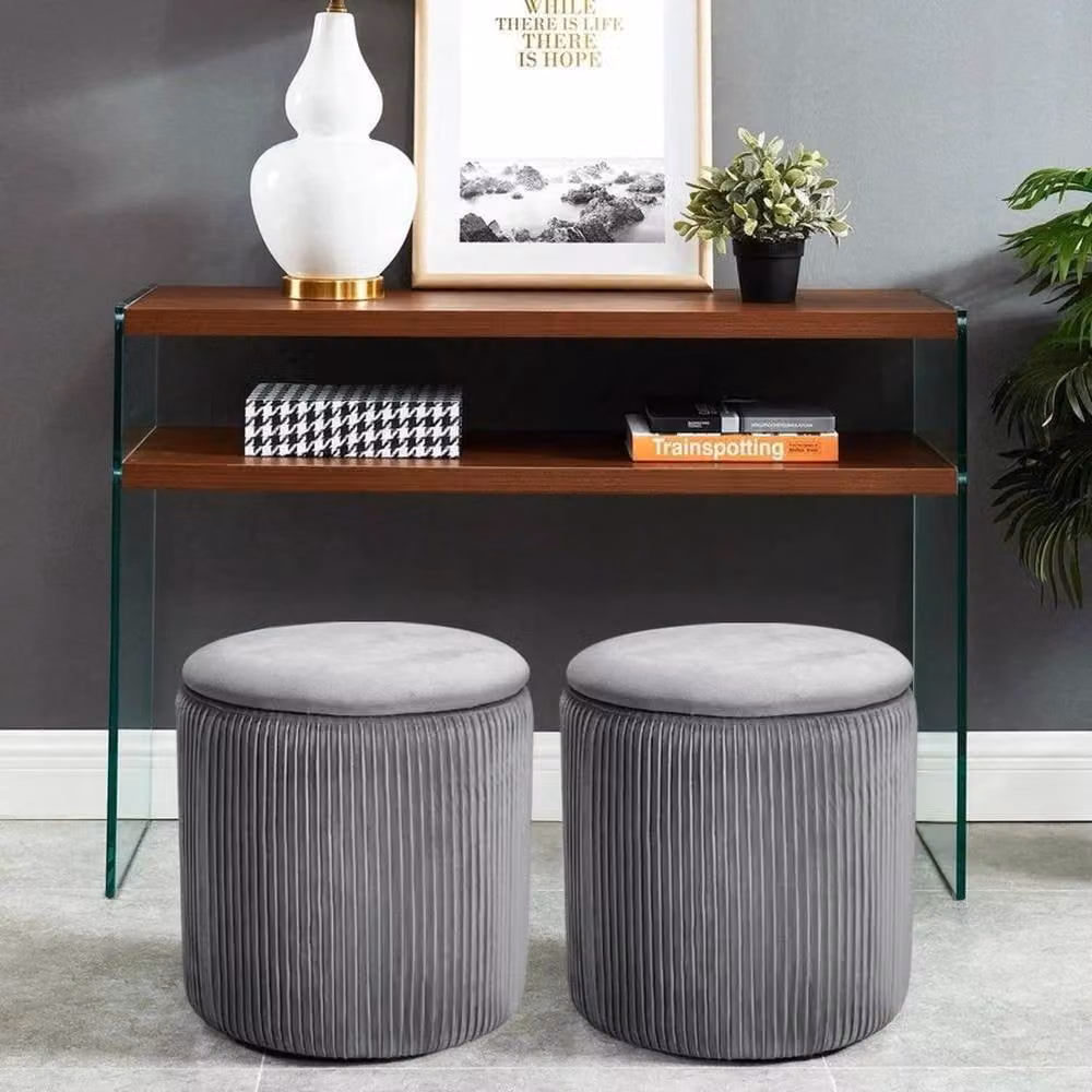 KORVIXA Grey Velvet Pleated Padded Ottoman Storage Stool with Wood Frame, Diameter: 100 cm – 2
