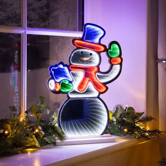 Christow Christmas Infinity Light LED Snowman Indoor Decoration, White and Multicolour, Height: 40 cm