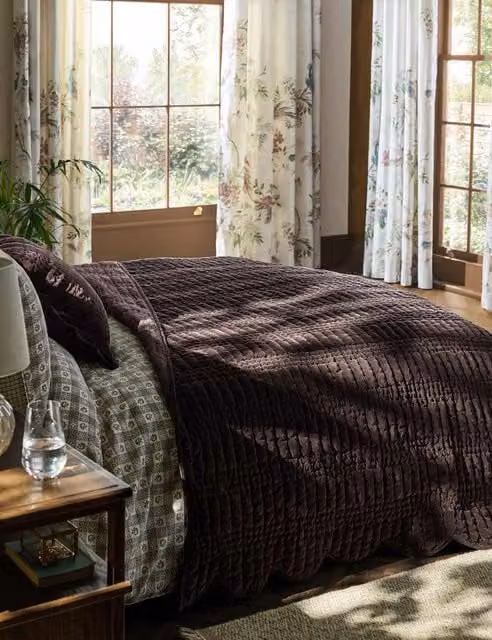 Laura Ashley Quilted Velvet and Cotton Scalloped Bedspread in Dark Brown