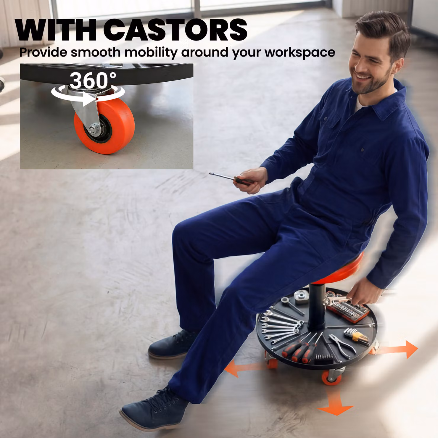 HOMCOM Orange Rolling Mechanical Workshop Stool with Pneumatic Adjustment, Tool Tray and Castors – 6
