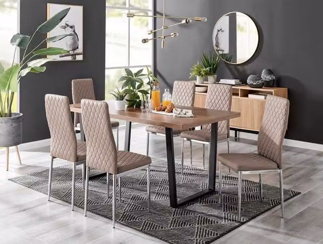 FurnitureboxUK Kylo Large Brown Wood Effect Dining Table and 6 Milan Chrome Leg Faux Leather Chairs in Beige – 1
