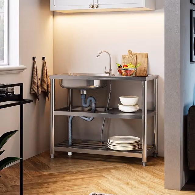 Livingandhome Stainless Steel Kitchen Sink with Shelves and Drainboard, Silver, Width: 98 cm