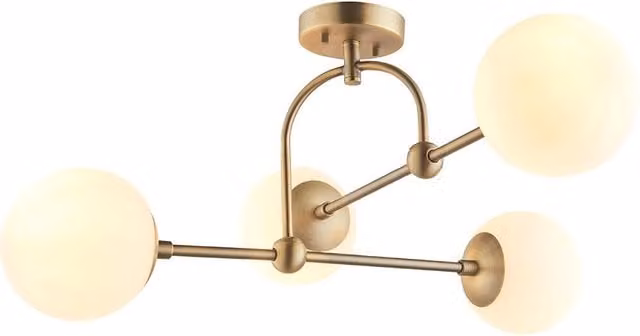 Loops Antique Brass Multi Arm Ceiling Light with Transparent Glass Shades and 4 E14 Bulbs