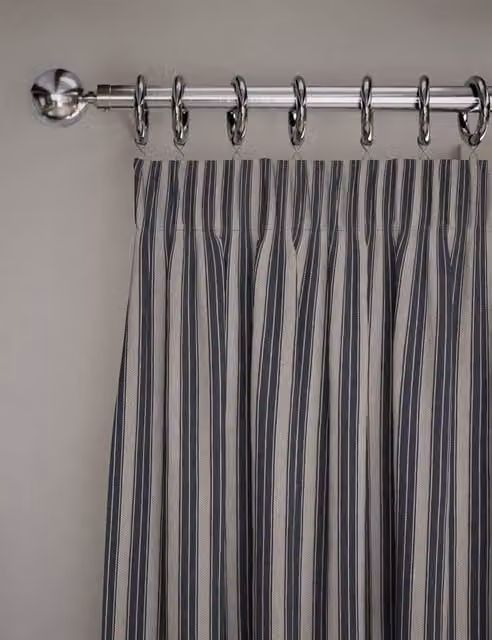 M&S Blue Mix Striped Cotton Rich Pencil Pleat Curtains H: 183 cm, W: 168 cm