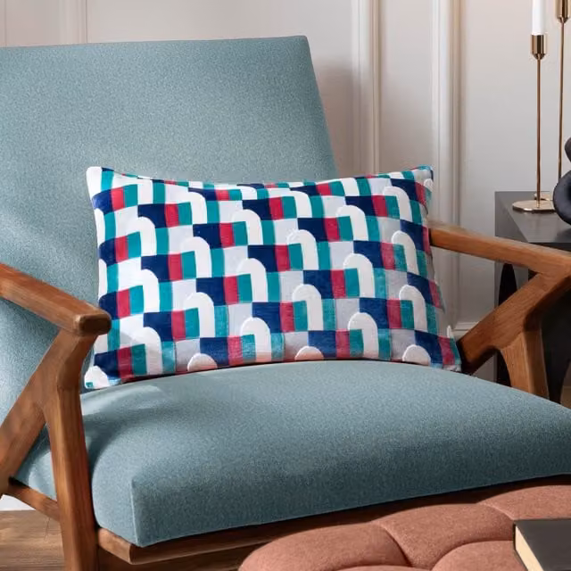 Paoletti Keela Rectangular Cut Velvet Geometric Cushion in Blue and Multicolour with Polyester Filling