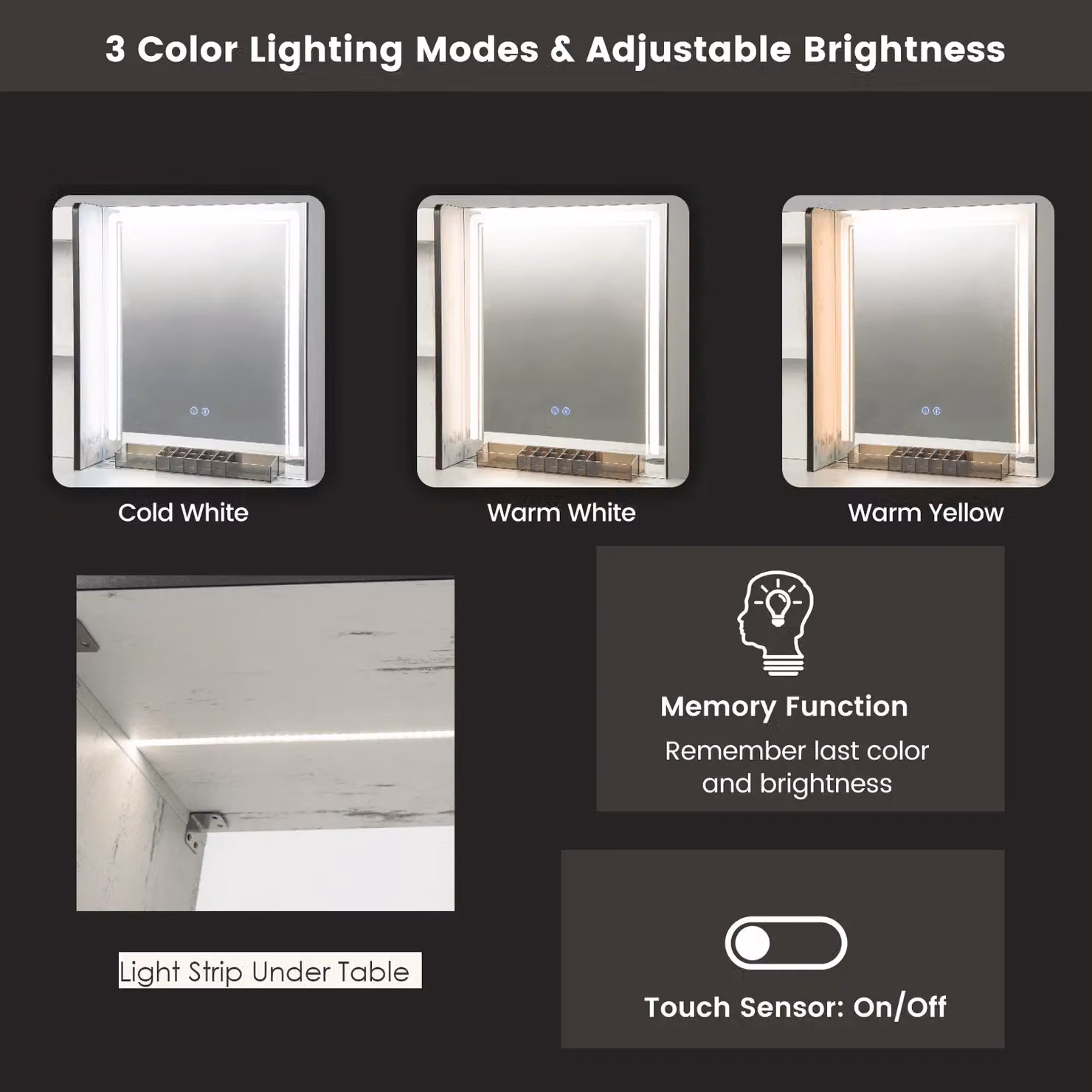 Gymax White Vanity Table Set with Stool and 3-Colour LED Hollywood Mirror – 4