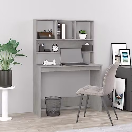 vidaXL Modern Writing Desk with Shelves in Concrete Grey, W/D/H: 102 x 45 x 148 cm – 2