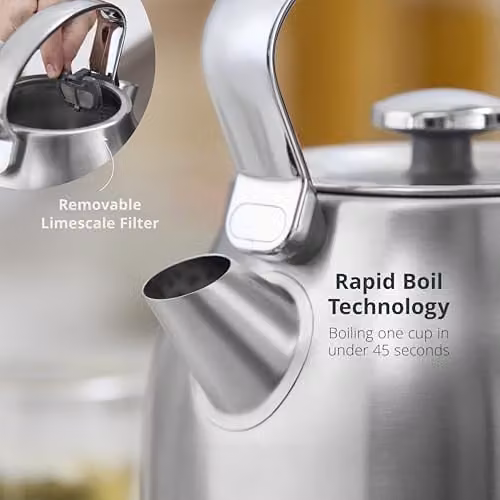 Swan Retro Kitchen Set in Stainless Steel featuring 1.7L Rapid Boil Kettle and 4 Slice Toaster – 1