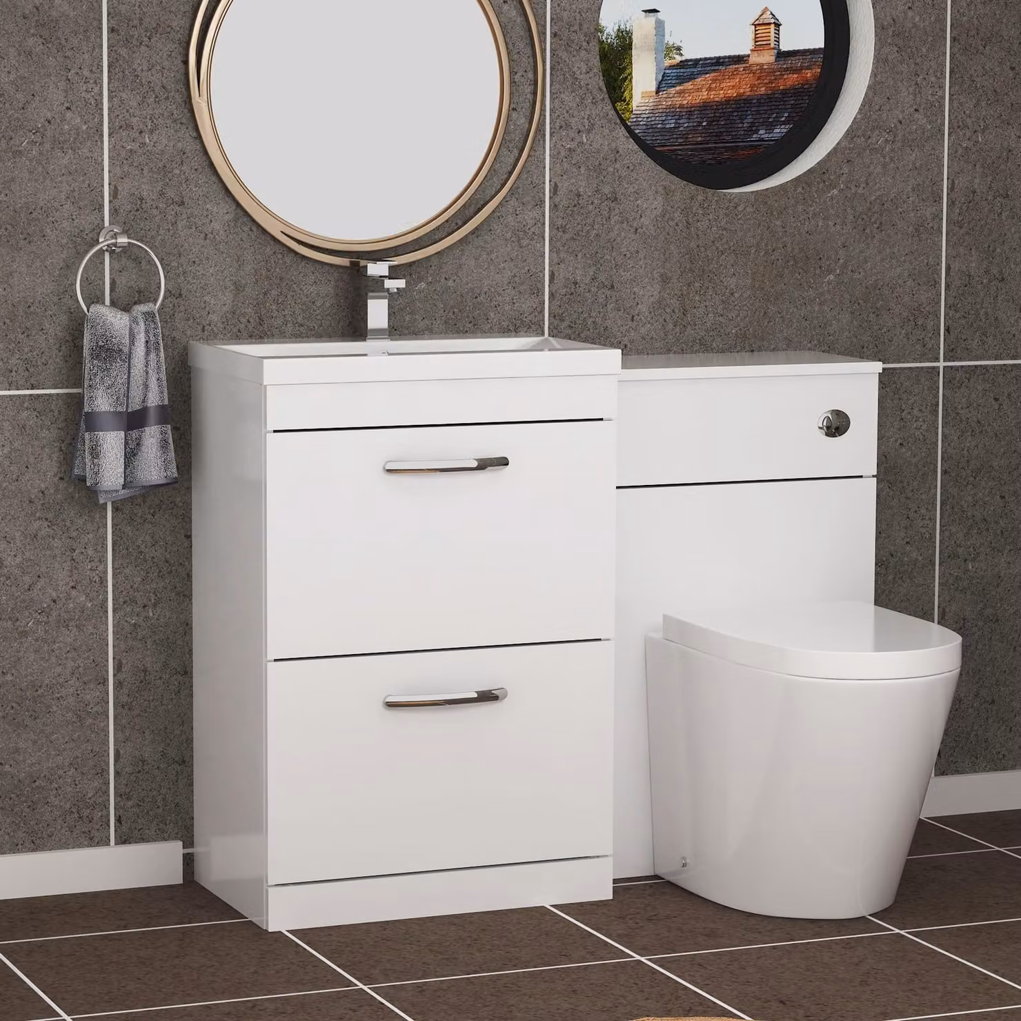 Royal Bathrooms Turin 1100mm Gloss White 2-Drawer Mid-Edge Basin and Cesar Back to Wall Toilet Pack
