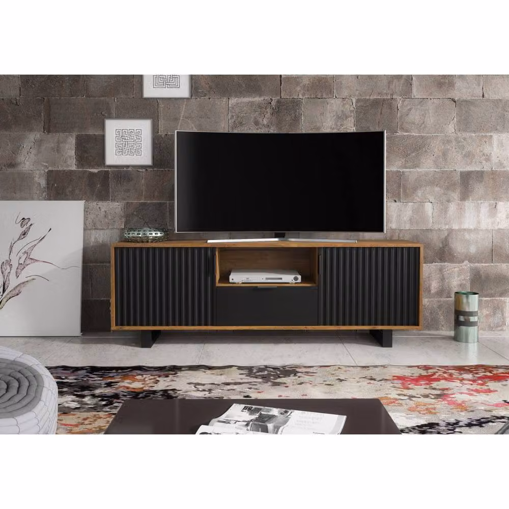 Creative Furniture Blackridge TV Unit in Dark Oak and Brown with Black Fluted Doors, W: 160 cm, H: 55 cm, D: 35 cm – 2