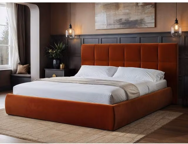 Solace+Co Mika Ottoman Bed in Orange Velvet, W/D/H: 140 x 200 x 108 cm – 1